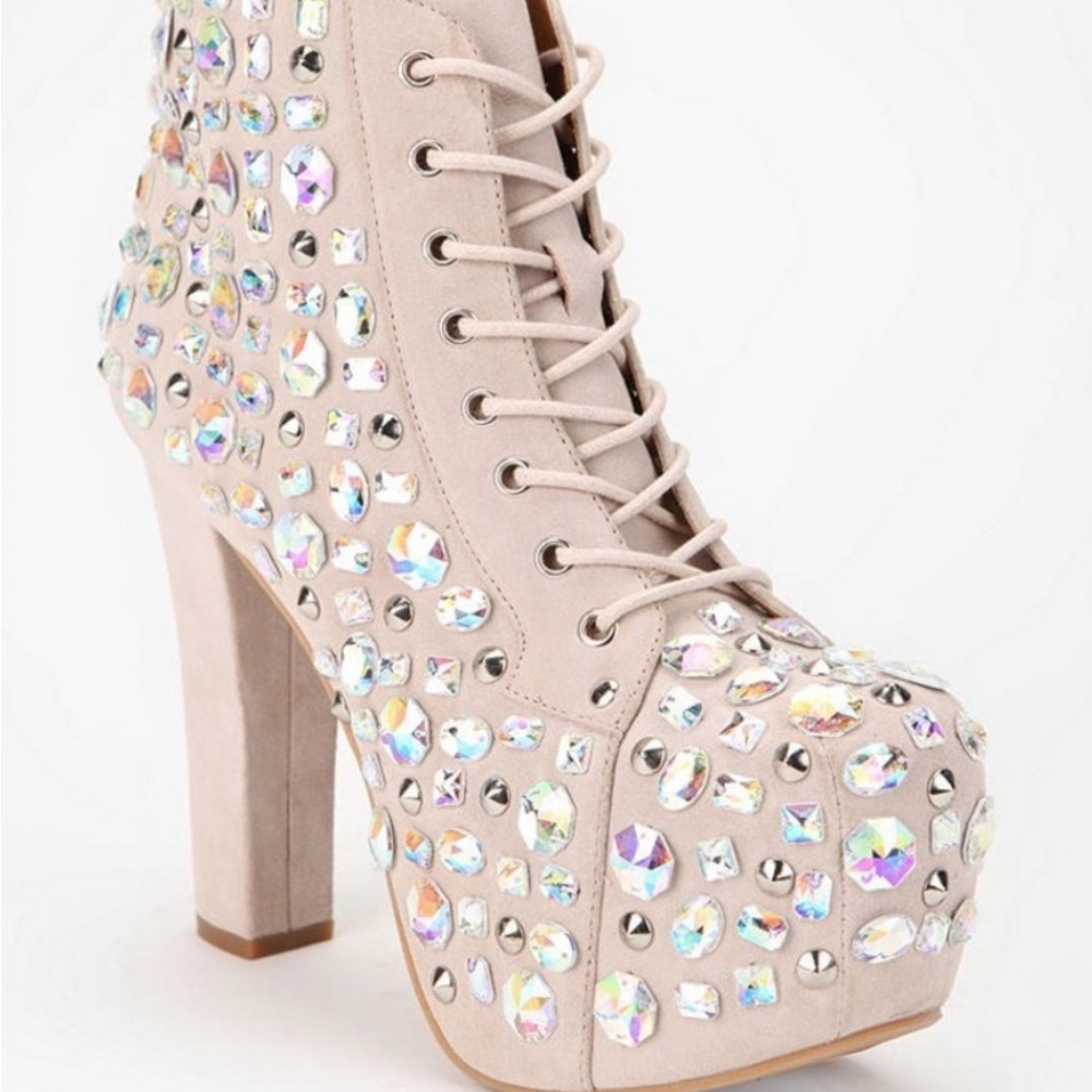 Jeffrey Campbell Beige Rhinestone Lace Up Boots